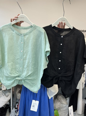 TG十三行2024夏季新款翻领宽松百搭单排扣麻感衬衫短袖上衣22825