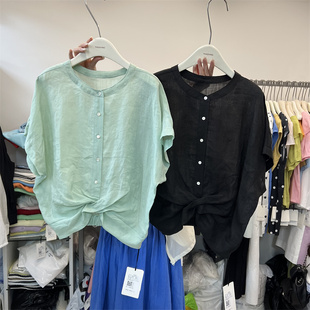 TG十三行2024夏季 翻领宽松百搭单排扣麻感衬衫 短袖 上衣22825 新款