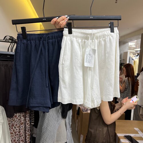 HXL83119夏季2026新款韩系宽松百搭系带显瘦麻料休闲短裤女阔腿裤