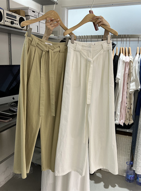OLIVE2024春季新款气质高腰纯棉绑带西装休闲裤女阔腿裤长裤11619