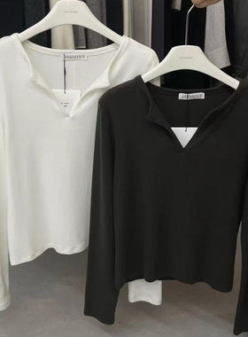 JASMINE2025冬季新款通勤气质纯色百搭简约V领磨毛加厚打底衫3454