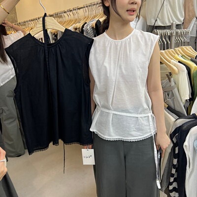 WEARELAB12608压褶飞飞袖刺绣拼接麻料上衣女无袖