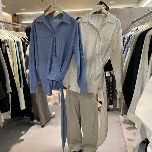 THEMIND2026春季新款通勤气质小众设计感上衣条纹绑带衬衫女