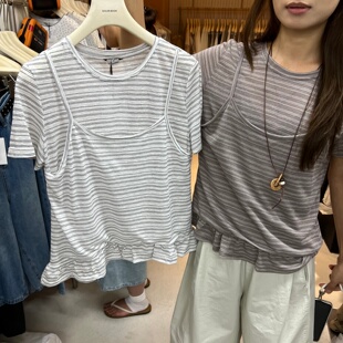 想象65093夏季2026新款韩系假两件条纹上衣女收腰显休闲t恤