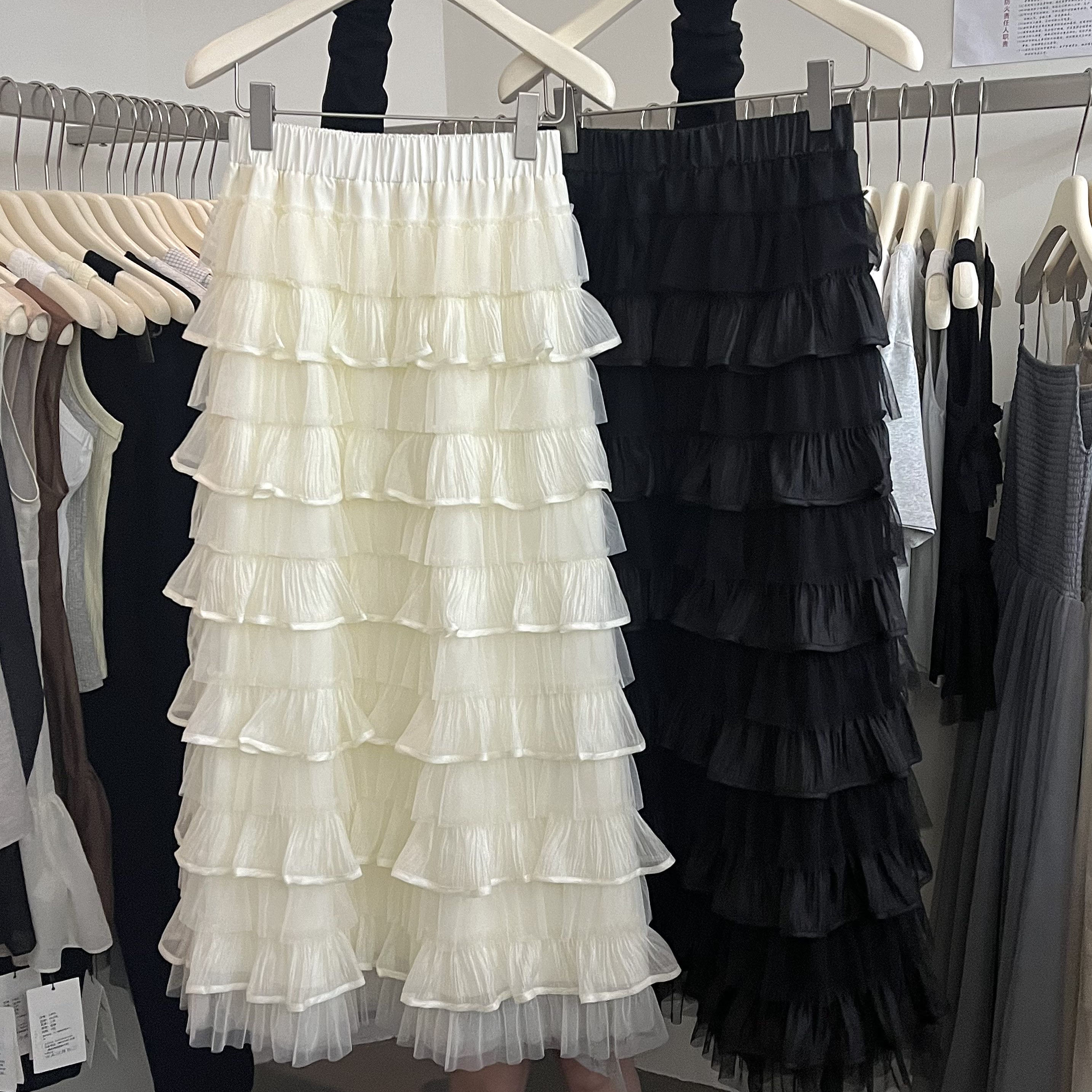 OLIVE2025春夏新款温柔甜美氛围感网纱蛋糕裙蓬蓬A字半身裙女长裙