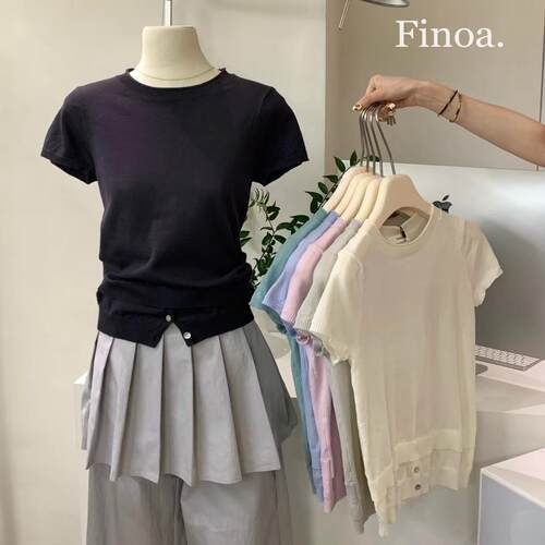 FINOA十三行2025春季新款通勤简约下摆纽扣开叉短袖针织衫上衣170