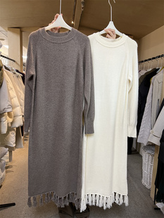 HELLO2023冬季慵懒气质长款流苏小众设计感浣熊绒羊毛连衣裙3931