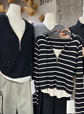 十三行2025秋冬新款修身显瘦含羊毛条纹针织衫连帽假两件上衣1627