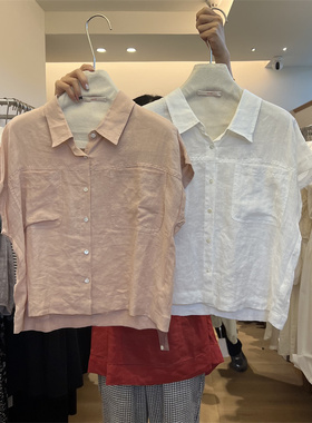 SICILY2024夏新款通勤简约宽松百搭显瘦粉色上衣苎麻短袖衬衫935