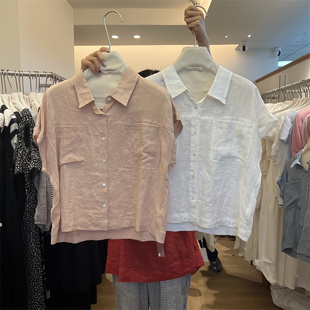 SICILY2024夏新款通勤简约宽松百搭显瘦粉色上衣苎麻短袖衬衫935