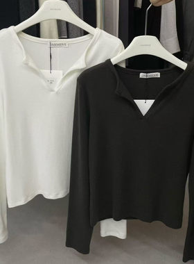 JASMINE2025秋冬新款简约百搭纯色V领加厚磨毛长袖T恤打底衫3454