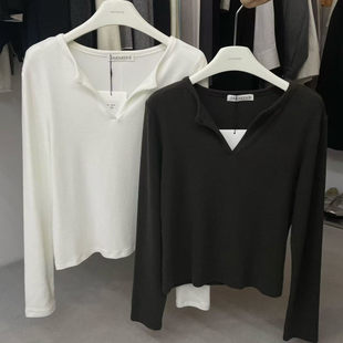 JASMINE2025秋冬新款简约百搭纯色V领加厚磨毛长袖T恤打底衫3454