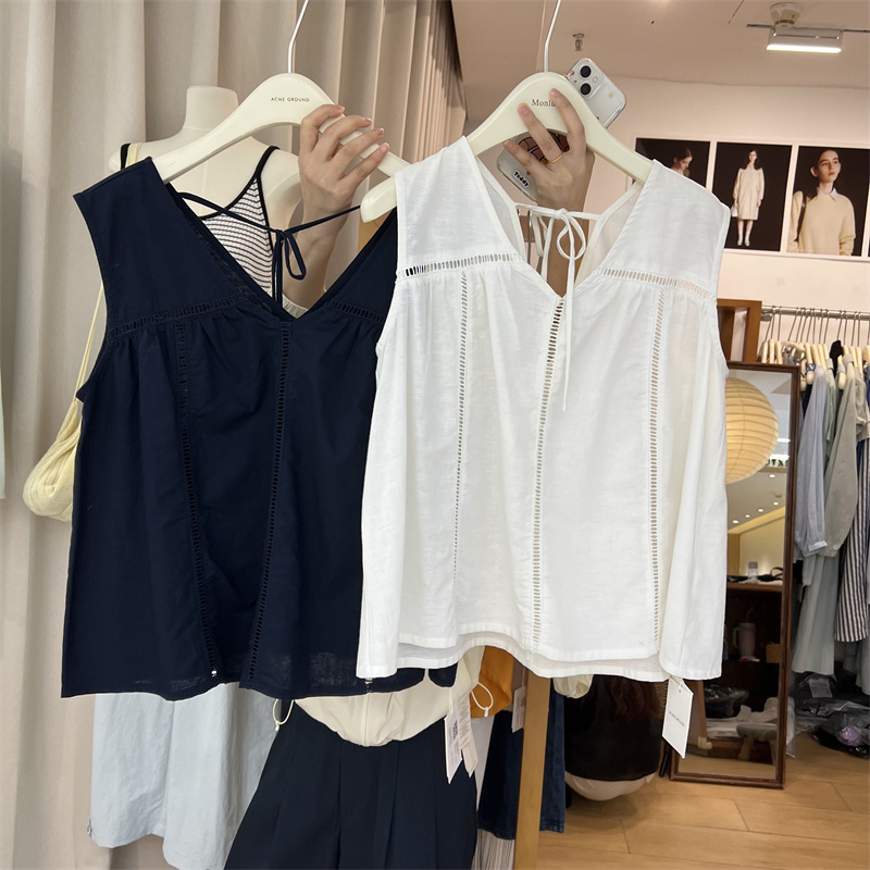 亚麻无袖背心花边夏季纯色百搭