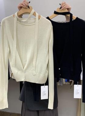 十三行EVER2025春季通勤小众设计感系扣带飘带针织套头上衣65634