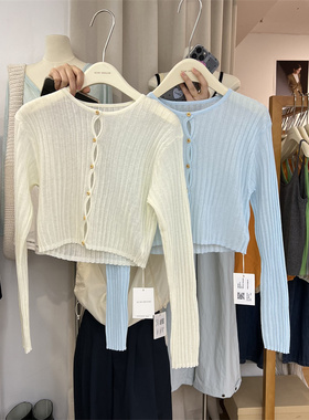 ACME2024夏新款简约纯色百搭圆领单排扣麻料针织开衫防晒衫21735