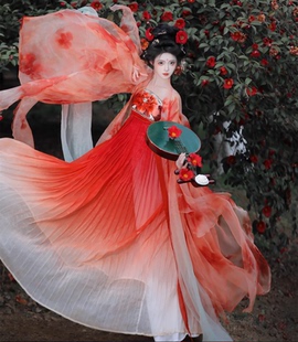汉服追鱼唐制齐胸诃子裙花瓣破烂大袖红锦鲤超仙汉元素春夏套装女
