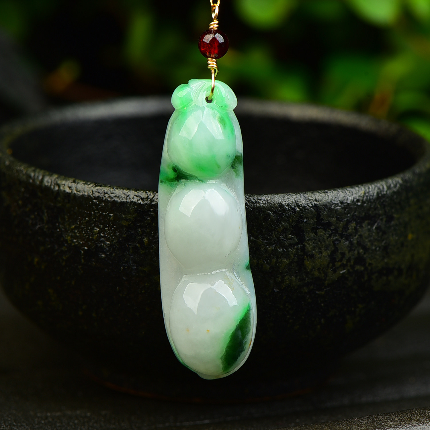 天然a货翡翠四季豆吊坠玉坠银镶嵌玉石雕刻锁骨项链男女饰品礼物