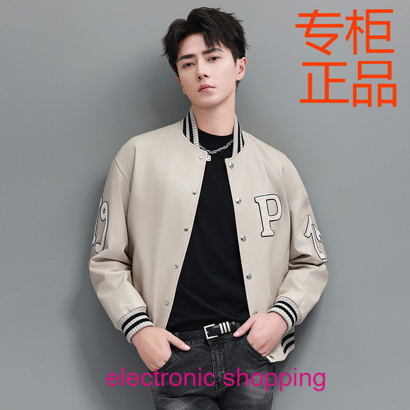 绵羊皮真皮皮衣男士宽松棒球服秋季新款刺绣飞行服机车皮夹克外套