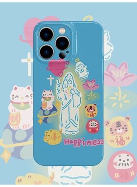 蓝色幸福卡通菲林手机壳亮面适用苹果16promaxiphoneOPPORENO10PROFINDX5PRO荣耀MAGIC4PROVIVOX200IQOONEO6