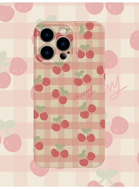 格子樱桃粉色菲林手机壳亮面适用苹果16promaxiphoneOPPORENO10PROFINDX5PRO荣耀MAGIC4PROVIVOX200IQOONEO6