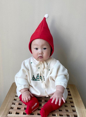 婴儿冬款加绒圣诞服连体衣宝宝刺绣连体衣哈衣婴童爬服配圣诞