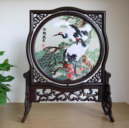 锐意湘绣手工刺绣双面绣摆件松鹤延年送长辈老人老外礼品湖南特色
