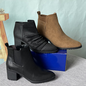 女短靴时装 靴粗跟尖头褶皱复古侧拉链矮靴子40 43码 外贸大码 宽版
