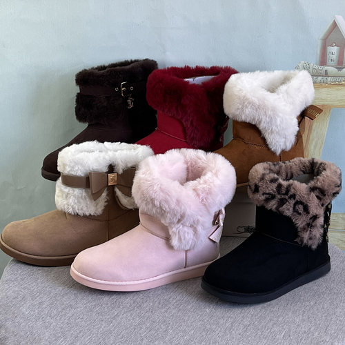 大码女雪地靴加绒平底中筒棉靴