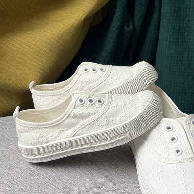 外贸女贝壳头小白鞋刺绣布帆布鞋