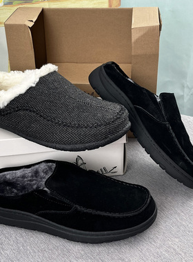 外贸大码男士真皮加绒包头勃肯鞋一脚蹬半拖冬季室内外棉拖鞋47码