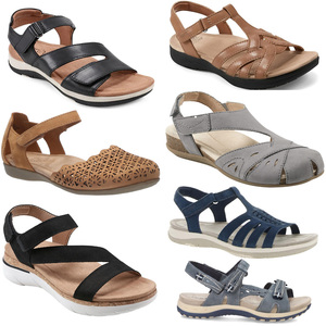 外贸大码凉鞋女真皮运动沙滩鞋平跟露趾魔术贴舒适防滑足弓垫宽楦