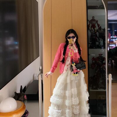 2025春慵懒风氛围感长裙 韩系简约网纱拼接层层蛋糕叠穿半身裙女