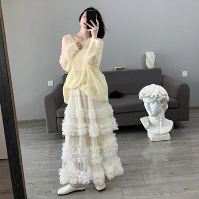 淑女温柔网纱拼接层层蛋糕半身裙女2025春纯色休闲慵懒可叠穿长裙
