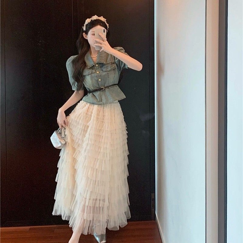 港味牛仔上衣蛋糕半身裙甜美套装女夏季新款高腰网纱裙时尚两件套