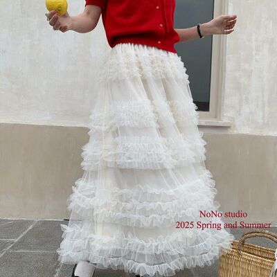 韩系简约网纱拼接层层蛋糕叠穿半身裙女2025春慵懒风氛围感长裙