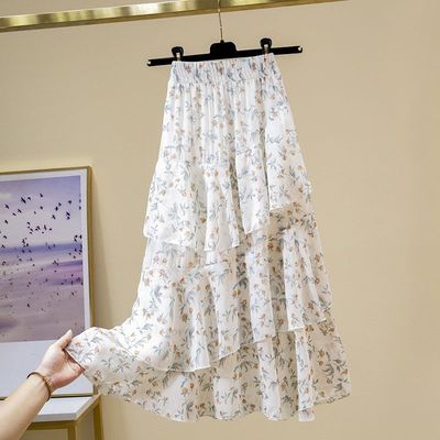 新款百搭a字ins超仙蛋糕裙女2023年夏季碎花不规则荷叶边半身裙子