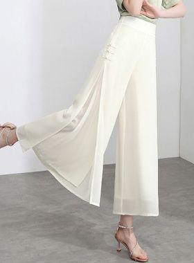 白色阔腿裤女夏季薄款雪纺九分开叉裤子裤裙垂感裙裤新款2025爆款