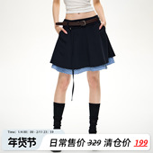 NS76低腰假两件tennis core网球风拼接a字半身裙格子条纹百搭中裙