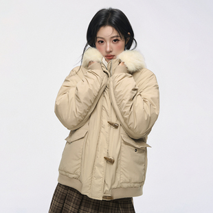 NS76复古大口袋连帽牛角扣派克服防水棉服加厚可拆卸毛领宽松外套