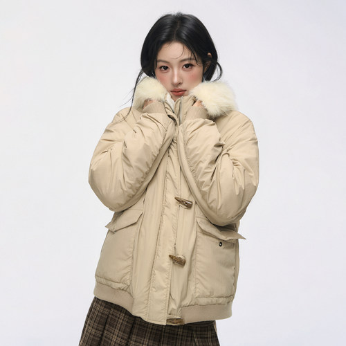 NS76复古大口袋连帽牛角扣派克服防水棉服加厚可拆卸毛领宽松外套