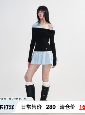 NS76 春夏新款假两件露肩衬衫收腰显瘦针织百褶连衣裙女压褶短裙