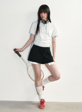 NS76 夏抽绳系带polo领上衣撞色修身收腰双侧绑带可调节短袖T恤女