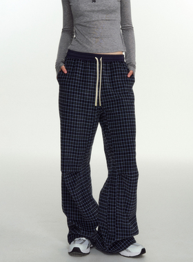 NS76撞色蓝色格子直筒裤女宽松垂感百搭时尚休闲裤女秋冬新款长裤