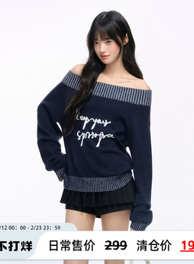 NS76秋季新款美式复古辣妹一字肩宽松字母斜肩毛衣女宽松显瘦上衣
