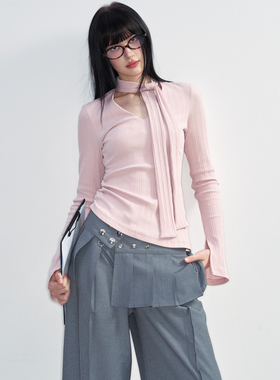 NS76春长袖打底衫T恤女辣妹纯色修身显瘦百搭系带V领套头内搭上衣