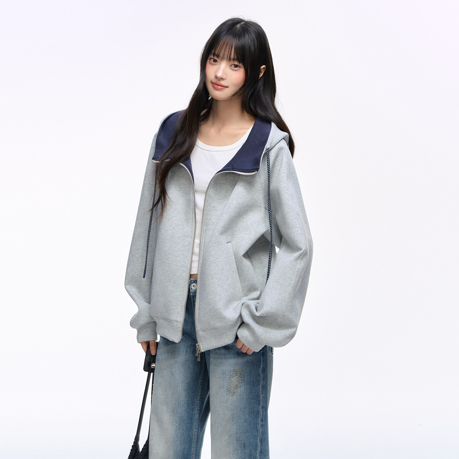 美式复古撞色空气层双拉链卫衣