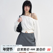 NS76春季 露脐开叉女上衣 卫衣短款 新款 白色露肩斜肩不对称露肩长袖