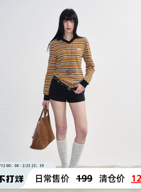 NS76春季新款美式复古撞色条纹拼接Polo领长袖上衣宽松显瘦女内搭