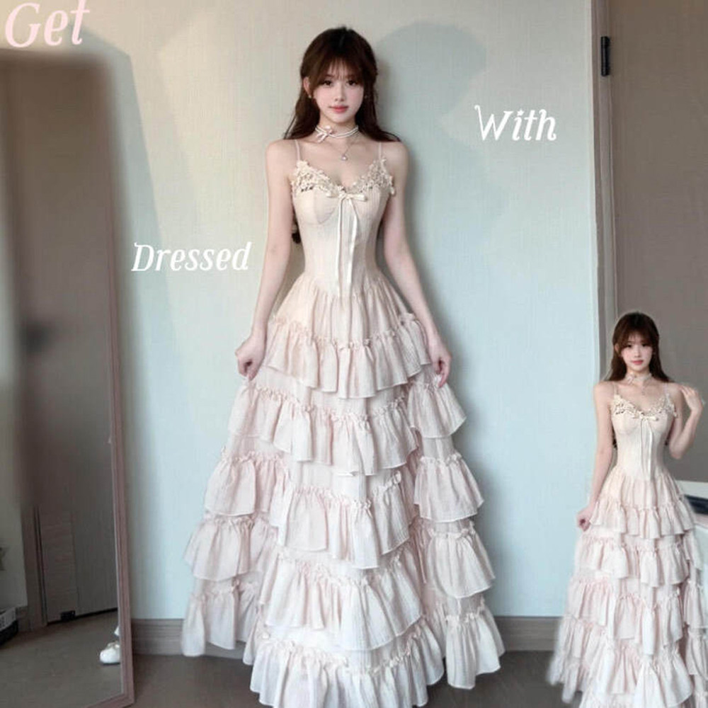 绝美不撞款千金感粉色吊带连衣裙子女夏季新款独特漂亮蛋糕裙长裙