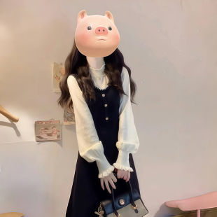 小香风假两件拼接毛衣针织连衣裙女秋冬收腰气质显瘦黑色打底长裙